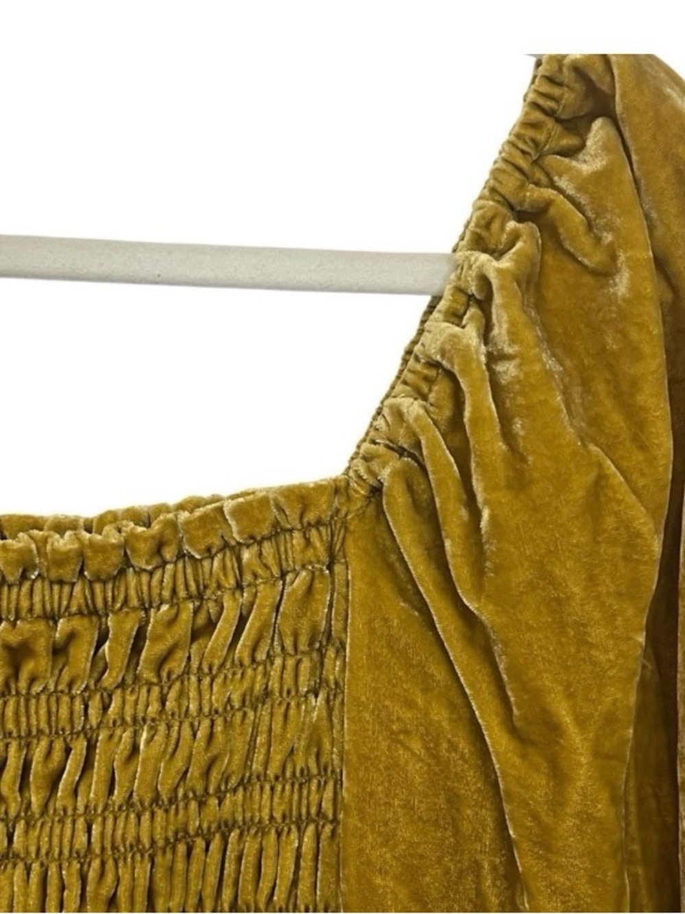 Anthropologie Gold Smocked Body Square Neck Puff Sleeved Velvet Blouse XS - Picture 8 of 11